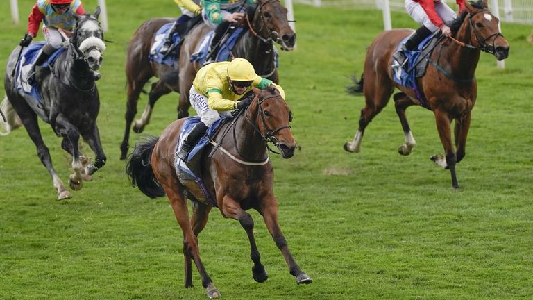 Boardman ridden by David Allan (yellow) wins The Jigsaw Sports Branding Handicap at York