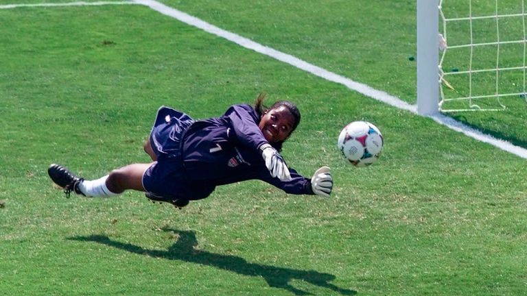 United States' goal keeper Briana Scurry (1) blocks a penalty shootout kick by China's Ying Liu during overtime of the Women's World Cup Final at the Rose Bowl in Pasadena, Calif., Saturday, July 10, 1999. The U.S. won the shootout 5-4. (AP Photo/Eric Risberg)