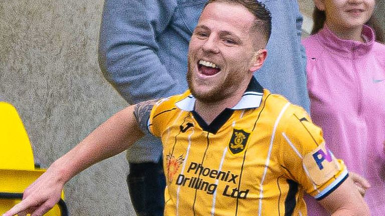 LIVINGSTON, SCOTLAND - MAY 20: Livingston's Bruce Anderson celebrates scoring to make it 1-0 during a cinch Premiership match between Livingston and Dundee United at the Tony Macaroni Arena, on May 20, 2023, in Livingston, Scotland.  (Photo by Paul Devlin / SNS Group)