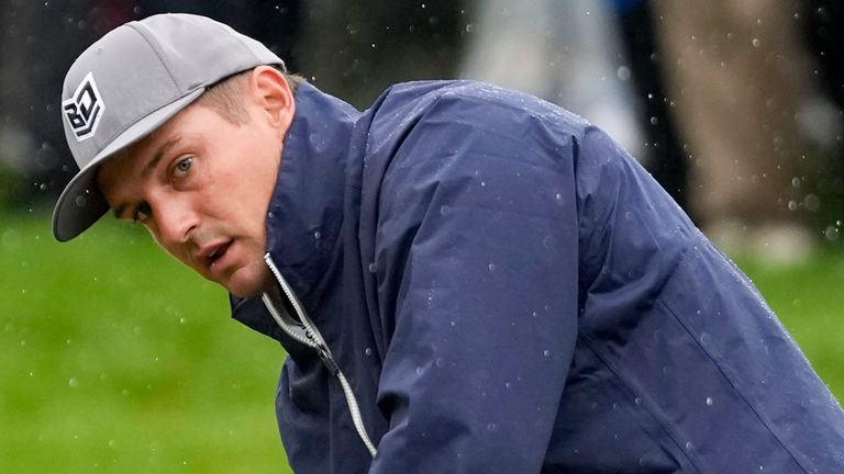 Bryson DeChambeau reacts after missing a putt on the second hole during the third round of the PGA Championship golf tournament at Oak Hill Country Club on Saturday, May 20, 2023, in Pittsford, N.Y. (AP Photo/Seth Wenig)