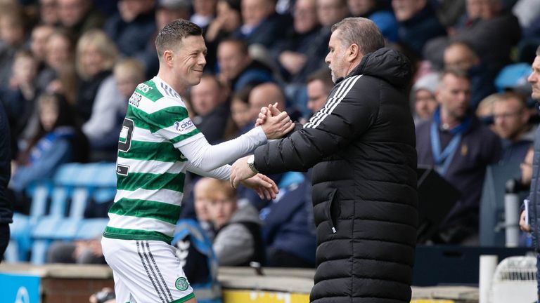 KILMARNOCK, SCOTLAND - APRIL 16: Celtic Manager Ange Postecoglou and Callum McGregor during a cinch Premiership match between Kilmarnock and Celtic at Rugby Park, on April 16, in Kilmarnock, Scotland.  (Photo by Craig Williamson / SNS Group)