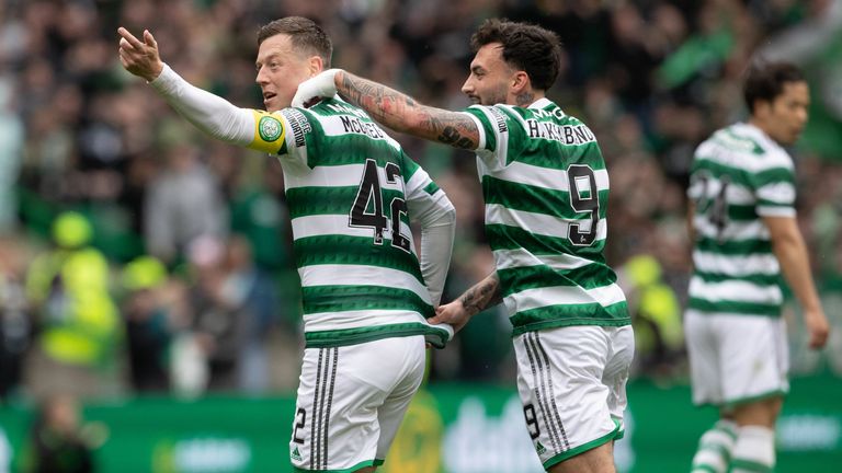 GLASGOW, SCOTLAND - MAY 20: Celtic's Callum McGregor celebrates after making it 2-2 during a cinch Premiership match between Celtic and St Mirren at Celtic Park, on May 20, 2023, in Glasgow, Scotland.  (Photo by Alan Harvey / SNS Group)