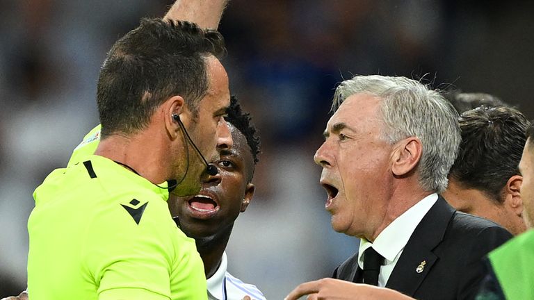 Carlo Ancelotti was booked for his complaints about Man City's equaliser against Real Madrid