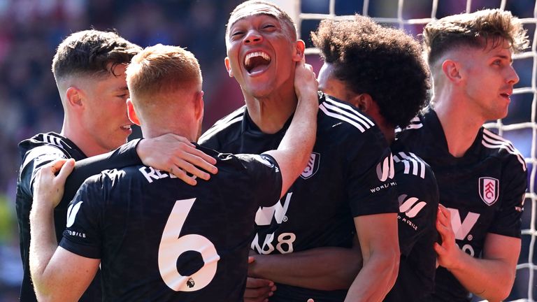 Carlos Vinicius is congratulated by his Fulham team-mates after his goal put them 1-0 up at Southampton