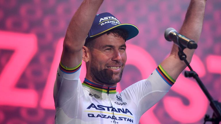 Mark Cavendish of Britain waves during the team presentation for the Giro d&#39;Italia 2023