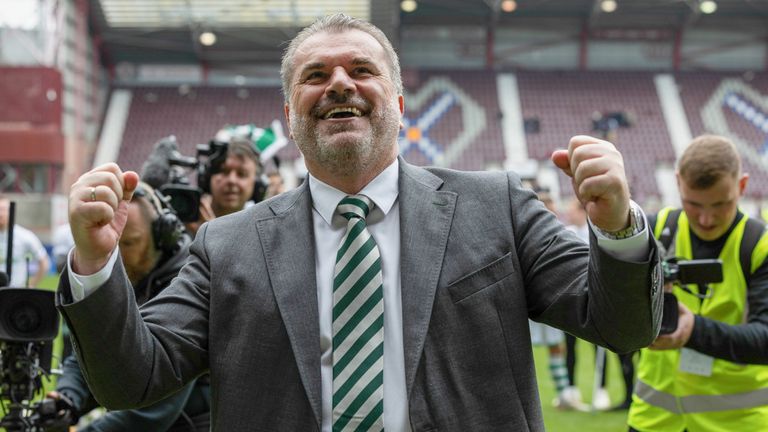 EDINBURGH, SCOTLAND - MAY 07: Celtic manager Ange Postecoglou celebrates after securing the league title during a cinch Premiership match between Heart of Midlothian and Celtic at Tynecastle Park, on May 07, 2023, in Edinburgh, Scotland.  (Photo by Ross Parker / SNS Group)