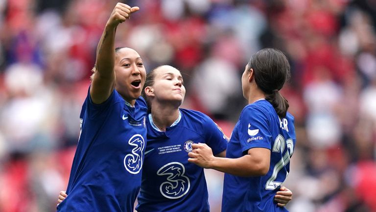 Lauren James celebrates Chelsea's opener with scorer Sam Kerr