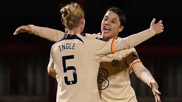 Chelsea's Sophie Ingle celebrates scoring the third goal against West Ham in the WSL