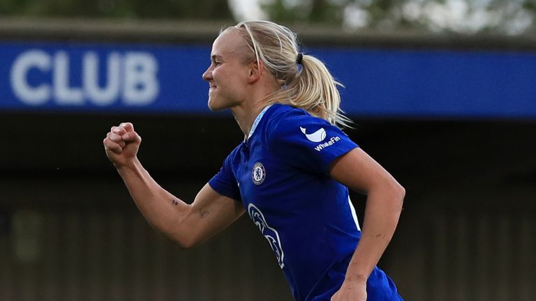 Chelsea&#39;s Pernille Harder celebrates scoring the fourth goal against Leicester in the WSL