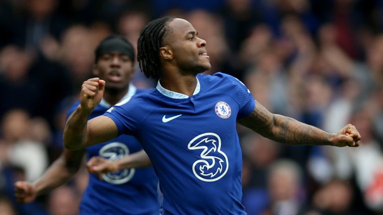 Chelsea's Raheem Sterling celebrates scoring the equaliser against Nottingham Forest