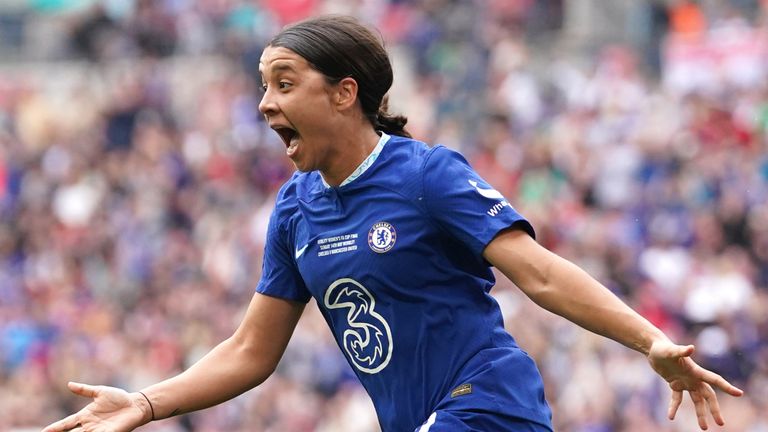 Sam Kerr celebrates after scoring for Chelsea against Man Utd in Women's FA Cup final