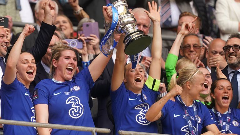 Millie Bright and Magda Eriksson lift the Women&#39;s FA Cup trophy at Wembley