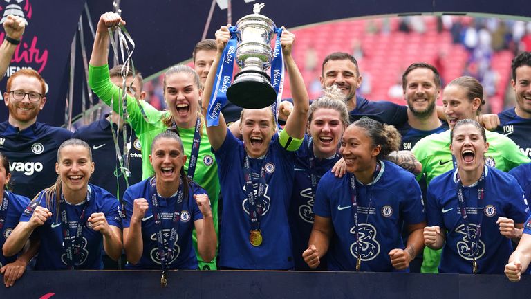 Chelsea lift the Women&#39;s FA Cup trophy at Wembley