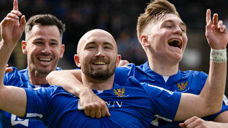 PERTH, SCOTLAND - MAY 28: St Johnstone's Chris Kane (centre) celebrates after scoring to make it 2-0 during a cinch Premiership match between St Johnstone and Livingston at McDiarmid Park, on May 28, 2023, in Perth, Scotland. (Photo by Ross Parker / SNS Group)