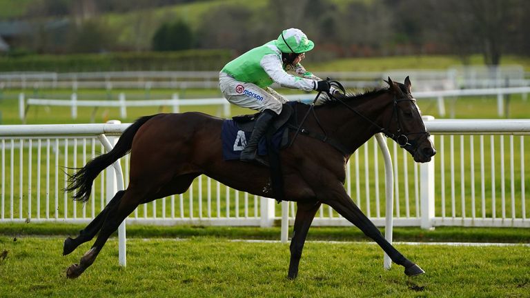 Cousu Main and Harry Skelton coming home to win the Cazoo Search Drive Smile Maiden Hurdle at Uttoxeter