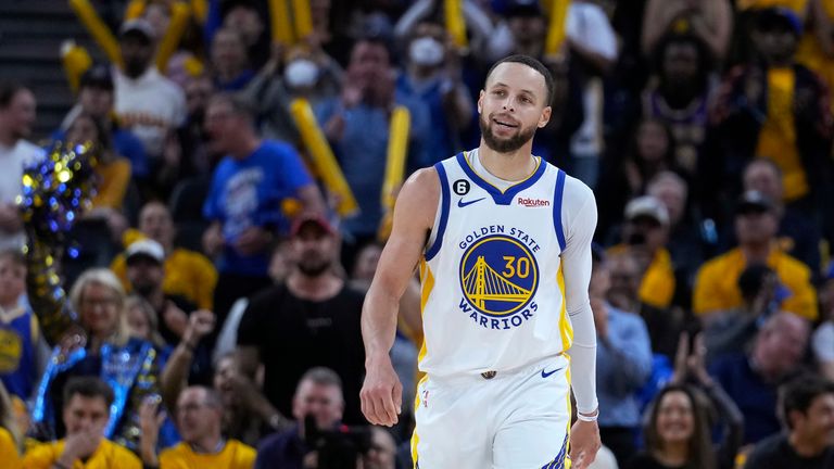 Golden State Warriors guard Stephen Curry walks up the court during the second half of Game 5 of the team&#39;s NBA basketball second-round playoff series against the Los Angeles Lakers on Wednesday, May 10, 2023, in San Francisco.