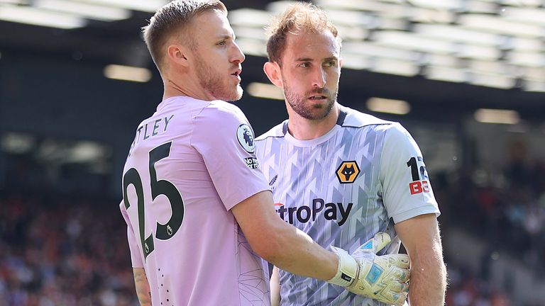 MANCHESTER, ENGLAND - MAY 13: Wolverhampton Wanderers goalkeeper Daniel Bentley speaks to Craig Dawson of Wolverhampton Wanderers during the Premier League match between Manchester United and Wolverhampton Wanderers at Old Trafford on May 13, 2023 in Manchester, United Kingdom. (Photo by Simon Stacpoole/Offside/Offside via Getty Images)