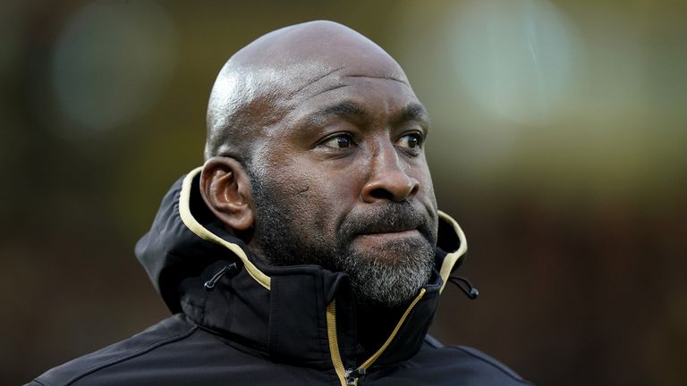 Sheffield Wednesday manager Darren Moore during the Sky Bet League One play-off, semi-final, first leg match at the Weston Homes Stadium, Peterborough. Picture date: Friday May 12, 2023.