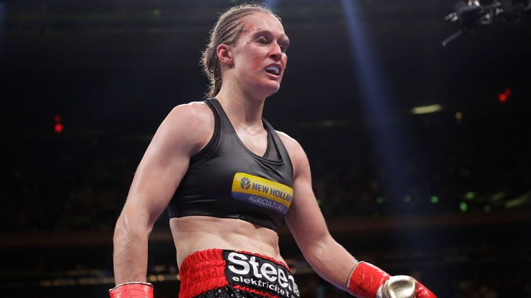 Delfine Persoon, of Belgium, at the end of the eighth round of a women's lightweight championship boxing match against Ireland's Katie Taylor Saturday, June 1, 2019, in New York. Taylor won the fight. (AP Photo/Frank Franklin II)