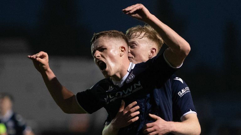 Dundee's Luke McCowan celebrates making it 5-3 during a cinch Championship match between Queen's Park and Dundee at Ochilview Park, 