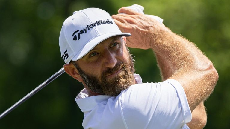 Captain Dustin Johnson of 4Aces GC hits his shot from the third tee during the second round of LIV Golf Tulsa at the Cedar Ridge Country Club on Saturday, May. 13, 2023 in Broken Arrow, Oklahoma. (Photo by LIV Golf via AP)