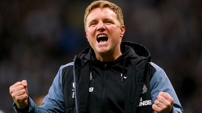 Eddie Howe celebrates Newcastle securing a Champions League place.