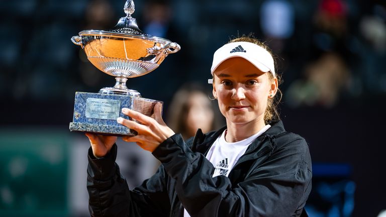 Elena Rybakina of Kazakhstan poses with the champions trophy after defeating Anhelina Kalinina of Ukraine in the womens singles final on Day Thirteen of the Internazionali BNL D'Italia at Foro Italico on May 20, 2023 in Rome, Italy (Photo by Robert Prange/Getty Images)