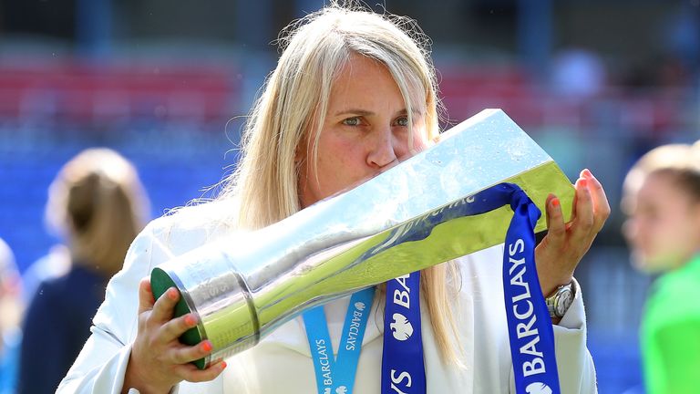 Emma Hayes celebrates with her fourth successive WSL title