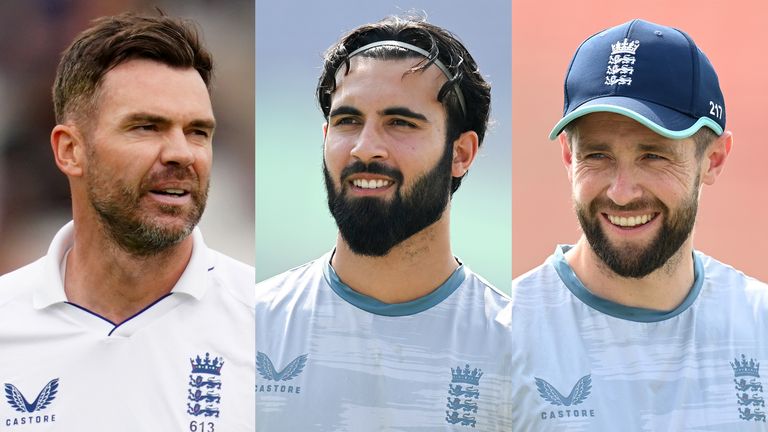England bowlers James Anderson, Saqib Mahmood and Chris Woakes