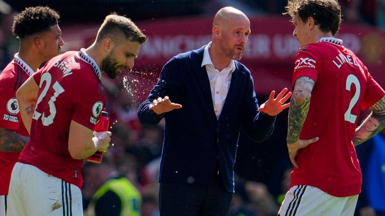 Manchester United's head coach Erik ten Hag, second right, gives instructions to his players during the English Premier League soccer match between Manchester United and Wolverhampton at the Old Trafford stadium in Manchester, England, Saturday, May 13, 2023. (AP Photo/Jon Super)