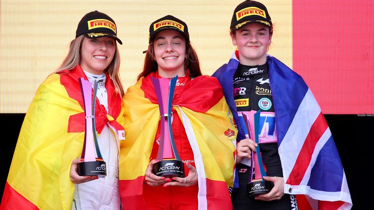  Second placed Nerea Marti of Spain and Campos Racing (1), first placed Marta Garcia of Spain and PREMA Racing (15) and third placed Abbi Pulling of Great Britain and Rodin Carlin (10) celebrate on the podium during race 3 of the F1 Academy Series Round 2:Valencia at Ricardo Tormo Circuit on May 07, 2023 in Valencia, Spain.