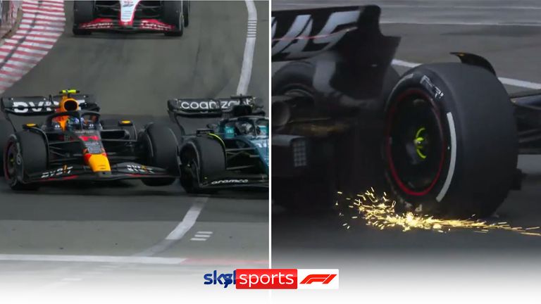 Sergio Perex damages his front wing and has to pit after making contact with Lance Stroll and then Kevin Magnussen in quick succession. 