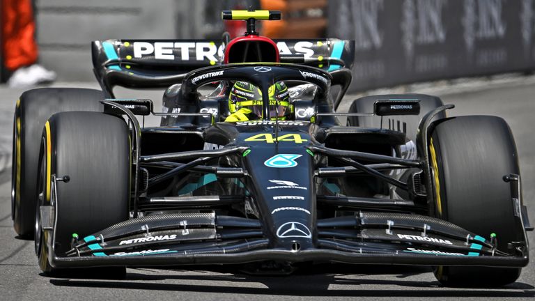 Lewis Hamilton drives the upgraded W14 in Monaco