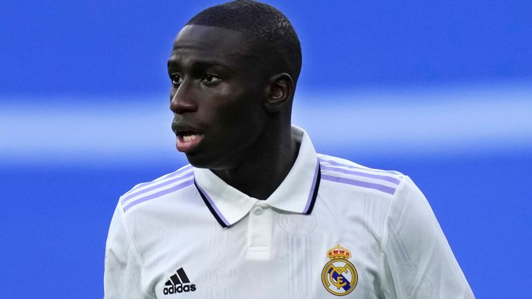 Real Madrid&#39;s Ferland Mendy looks on during a Spanish La Liga soccer match between Real Madrid and Girona at the Santiago Bernabeu stadium in Madrid, Spain, Sunday, Nov. 30, 2022. (AP Photo/Jose Breton)