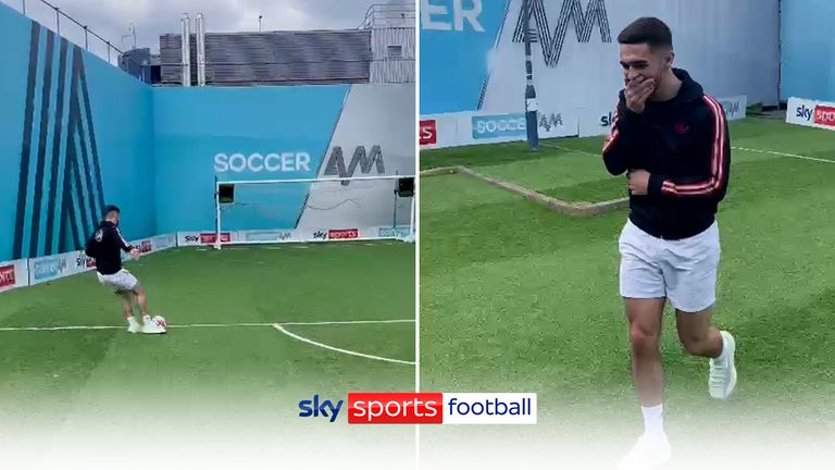 Blackpool&#39;s Jake Daniels remarkably found the top corner on the set of Soccer AM!