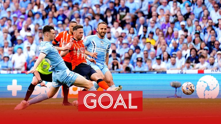 Jordan Clark fires home the first goal at Wembley, to make it 1-0 to Luton against Coventry.