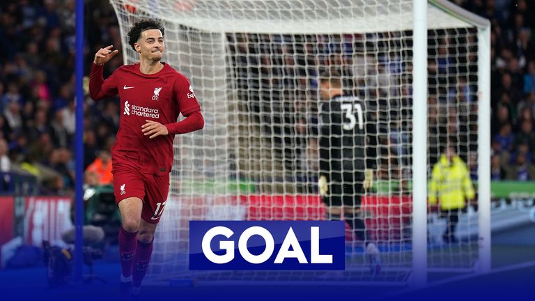 Curtis Jones arrives at the far post to side-foot in to give Liverpool the lead against Leicester.