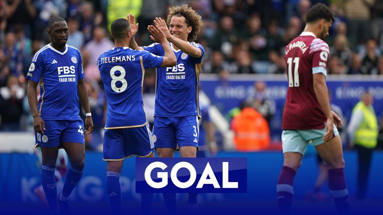 Wout Faes heads in to double Leicester&#39;s lead against West Ham.