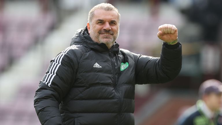 Celtic&#39;s Manager Ange Postecoglou celebrates at the end of the Scottish Cup quarter final match at Tynecastle Park, Edinburgh. Picture date: Saturday March 11, 2023.
