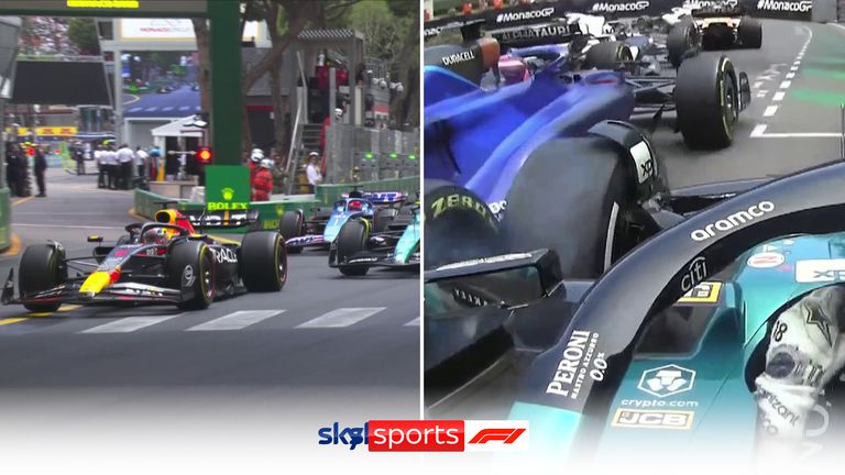 Max Verstappen retains the lead on the opening lap of the Monaco Grand Prix as there is contact between Lance Stroll and Logan Sargeant.