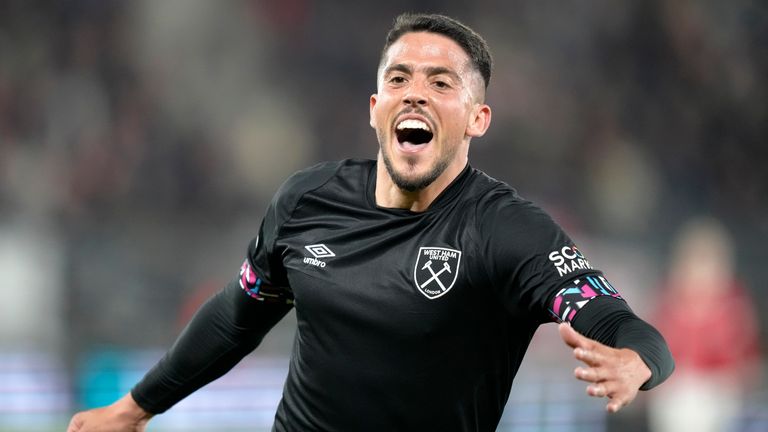 West Ham's Pablo Fornals celebrates after scoring his sides first goal during the Conference League second leg semifinal soccer match between AZ Alkmaar and West Ham United at the AZ stadium in Alkmaar, Netherlands, Thursday, May 18, 2023. (AP Photo/Peter Dejong)
