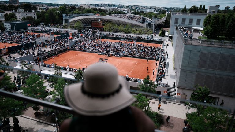 View of the French Open tennis tournament in Roland Garros stadium in Paris, France, Thursday, May 26, 2022. (AP Photo/Thibault Camus)                           