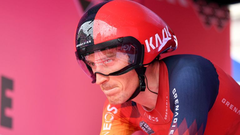Britain's Geraint Thomas starts the 9th stage of the Giro D'Italia, tour of Italy cycling race, an individual time trial from Savignano sul Rubicone to Cesena, Sunday, May 14, 2023. (Massimo Paolone/LaPresse via AP)