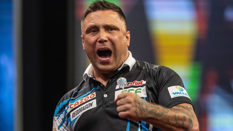 Gerwyn Price celebrates winning against Jonny Clayton in the semi final match during the Cazoo Premier League Play-Offs. Photo credit should read: Steven Paston/PDC