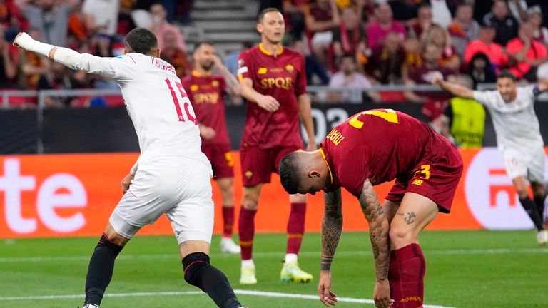 Roma&#39;s Gianluca Mancini reacts after scoring an own goal during the Europa League final vs Sevilla