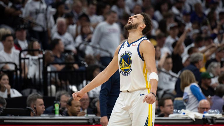 Golden State Warriors guard Klay Thompson yells after exiting in the fourth quarter of Game 7 of an NBA basketball first-round playoff series against the Sacramento Kings 
