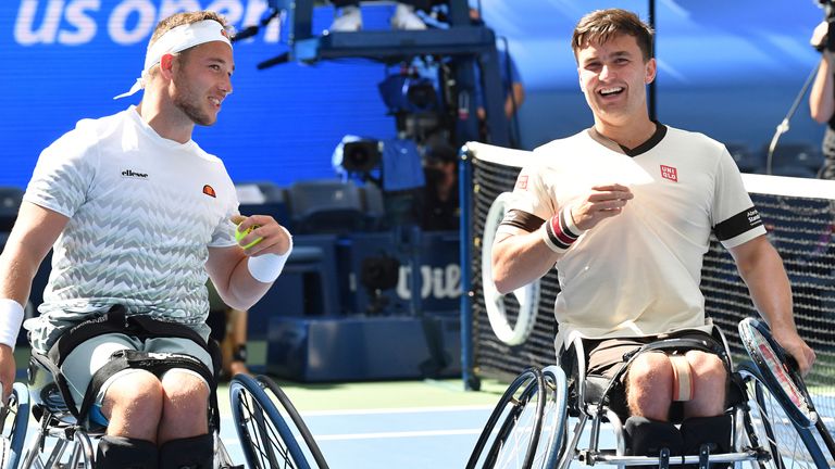 Gordon Reid and Alfie Hewett react to winning against Nicolas Peifer and Stephane Houdet during a wheelchair men's doubles final match at the 2020 US Open, Saturday, Sept. 12, 2020 in Flushing, NY. (Pete Staples/USTA via AP)