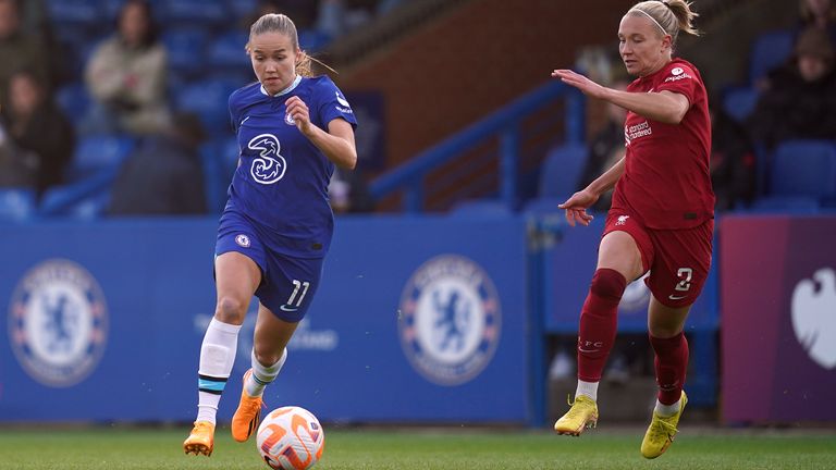 Chelsea's Guro Reiten attempts to evade Liverpool's Emma Koivisto