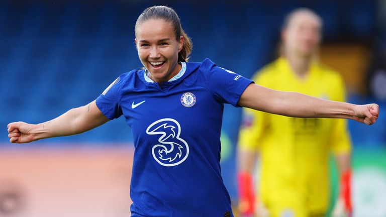 Guro Reiten of Chelsea celebrates after scoring the team's first goal during the FA Women's Super League match between Chelsea and Leicester City at Kingsmeadow 