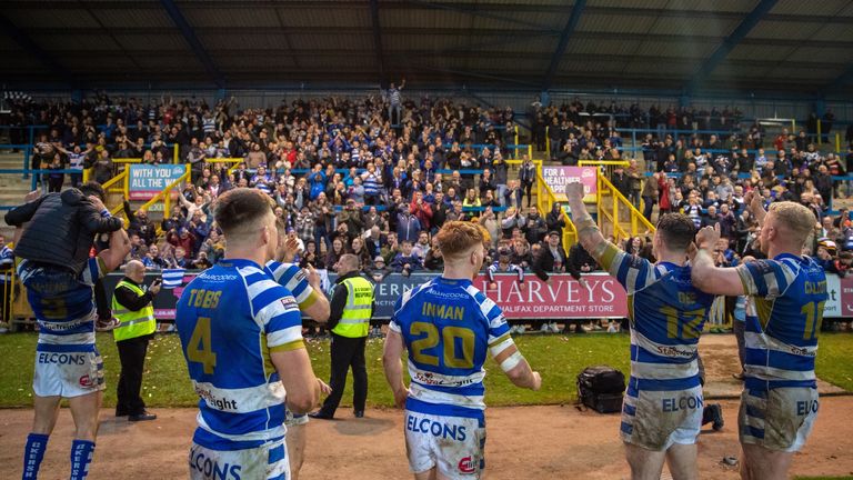 Picture by Olly Hassell/SWpix.com - 22/04/2023 - Rugby League - Betfred Challenge Cup Round 5 - Halifax Panthers v Bradford Bulls - the The Shay Stadium, Halifax, England - Halifax celebrating with their fans after their 26-0 victory over Bradford